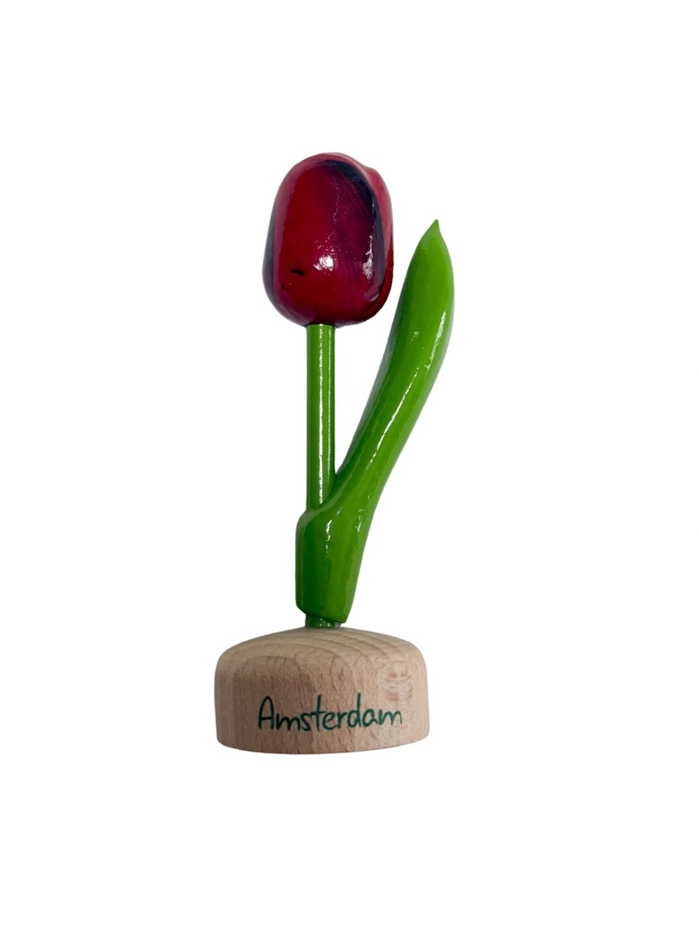Amsterdam Wooden Red Tulip Souvenir with Green Stem